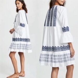 Roller Rabbit Mona Border Maricruz White Blue Embroidered Ruffle Mini Dress Sz S